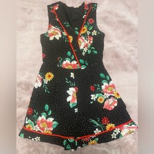 Black Floral Polka Dot Romper with Red Trim